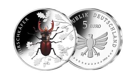 Bild- und Wertseite der 5-Euro-Farbdruckmünze Hirschkäfer